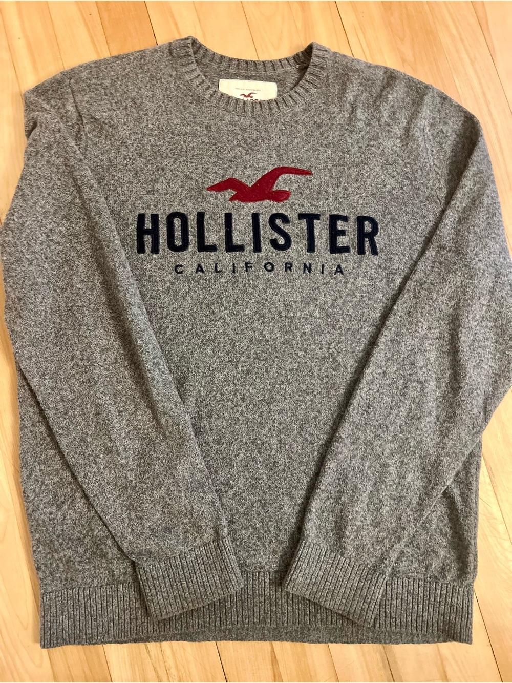Hollister Gray Crewneck Sweater with Red Seagull and Navy Lettering